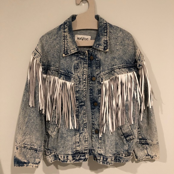 jean jacket with leather fringe
